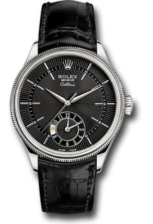 Replica Rolex Cellini Dual Time Watch 50529 White Gold Black Dial Black Leather Strap
